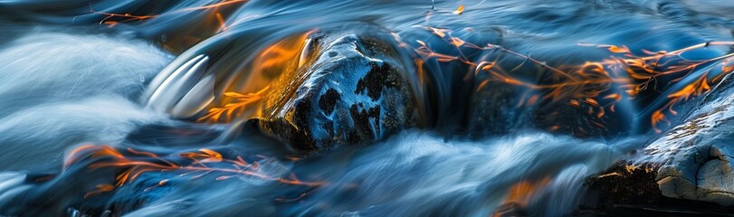 Water flowing around and over rocks, blurred motion, blue and orange color palette, in the style of national geographic photo