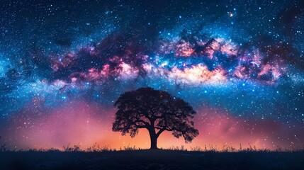 An ethereal view of the Milky Way galaxy arching across a night sky, with the silhouette of a lone tree in the foreground.