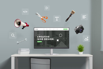Leinwandbilder - Web design studio with flying tools and web page icons around computer display featuring concept agency page. Creative illustration of digital workspace
