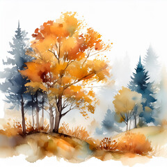 Wall Mural - Abstract watercolor painting of autumn morning mist, trees and fog on white background. Hand drawn