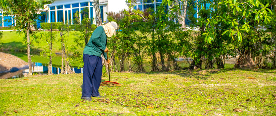 A janitor cleans the lawn area from leaves and mown grass. Hotel cleaning service.