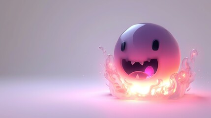 Wall Mural - Cute 3D rendering of a purple blob with a happy face. The blob is sitting on a bed of glowing flames. The background is a gradient of pink and white.