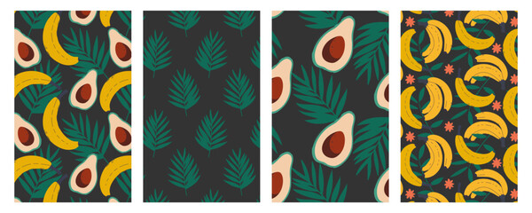 Wall Mural - Tropical seamless pattern set. Bright abstract jungle leaves, bananas and avocado on dark background. Summer vector design for print, decoration, fabric, card, poster.