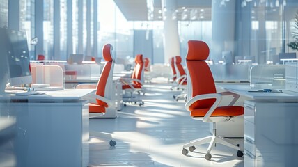 Wall Mural - Modern Open Office Space with Red Chairs and Natural Light
