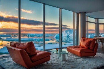 Canvas Print - Luxurious living room with a view of the arctic landscape. AI.