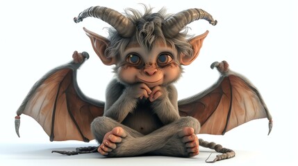 Wall Mural - A cute and friendly grey creature with bat wings and a fluffy white mane sits on a white surface.