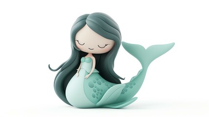 Wall Mural - 3D illustration of a cute and friendly cartoon mermaid with long green hair and a fish-like tail sitting on a rock with a peaceful smile on her face.