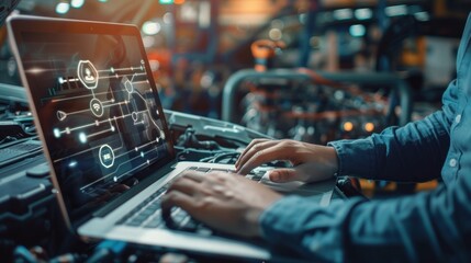 Wall Mural - close-up of hands car mechanic using a laptop checking up on car engine parts for fixing and repair, automotive industry, Smart service diagnostics software concept.