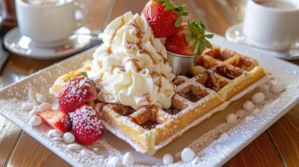 Canvas Print - Vanilla Waffles with Ice Cream Whipped Cream and Strawberries Served at a Cafe