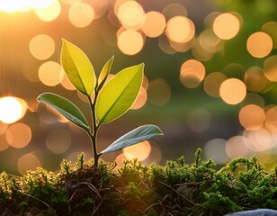 Wall Mural - a vibrant young sapling illuminated by the gentle rays of dawn, juxtaposed against a backdrop of blurred bokeh lights, embodying the harmonious fusion of natural beauty and technological artistry.