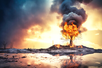 Wall Mural - A lone tree engulfed in flames reflects in a pool of water, symbolizing the devastating impact of oil extraction on the environment