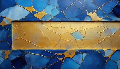 Wall Mural - A textured abstract composition in blue and gold, where cracked paint creates a rectangular negative space.