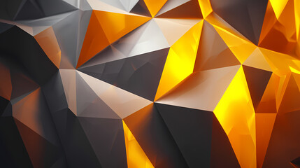 Yellow orange abstract background for design. Geometric shapes. Lines, triangles. 3d effect. Light, glow, shadow. Gradient. Dark grey, silver. Modern, futuristic. Design concept. Wallpaper concept. Ab