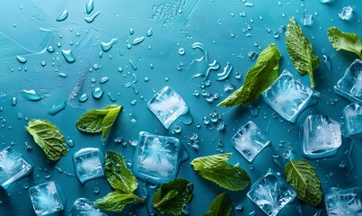 Wall Mural - melting ice cubes and mint leaves, Generative AI