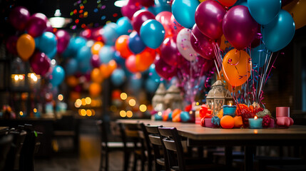 Sala de decoración de cumpleaños.
Una habitación con una mesa y sillas y un montón de globos de colores de diferentes colores y tamaños, y están dispersos por toda la habitación. La escena es festiva 