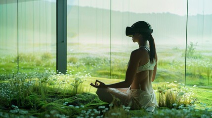 Woman meditating with virtual reality headset in a serene green indoor garden, combining technology and relaxation in a tranquil setting.