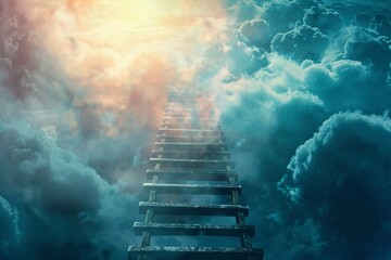 Wall Mural - Ancient wooden ladder ascends into the heavenly glow of divine light