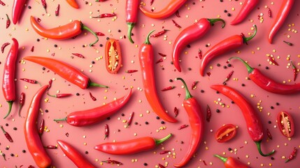Wall Mural - Red pepperoni chili peppers arranged on a vibrant backdrop