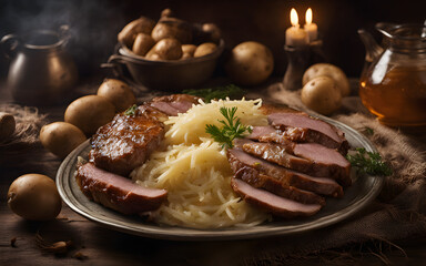 Estonian mulgikapsad, pork with sauerkraut, potatoes, hearty bowl