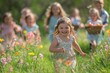 © olegganko - Happy Child Running During Easter Egg Hunt in Green Grass