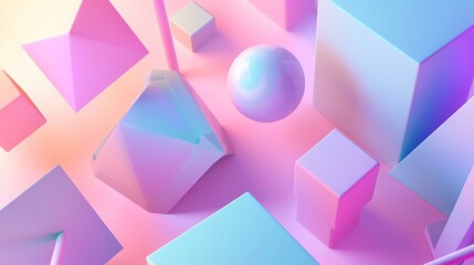 Wall Mural - 3D rendering of geometric shapes in various pastel colors. The shapes are arranged in a random order and appear to be floating in space.