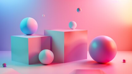 Wall Mural - 3D rendering of a pink and blue geometric shape. There are several spheres and rectangular prisms in the image. The spheres are resting on the prisms.