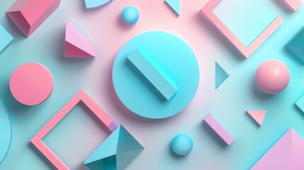 Wall Mural - 3D rendering of geometric shapes in pastel colors. The composition is made up of spheres, cubes, and triangles in various sizes and colors.
