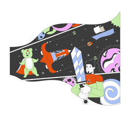 Poster - Caucasian man dreaming about space adventures 2D linear cartoon character. European male fighting cosmic bear isolated line vector person white background. Imagination color flat spot illustration