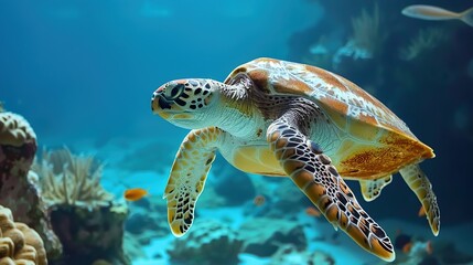 Canvas Print - Sea Turtle Swimming Through the Ocean