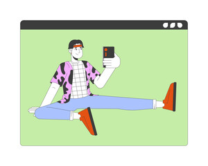 Fototapete - Asian man blogger with smartphone online 2D linear cartoon character. Happy japanese male conducting streaming isolated line vector person white background. Social media color flat spot illustration