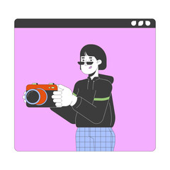 Wall Mural - Korean woman photographer on web site 2D linear cartoon character. Young japanese female holding camera isolated line vector person white background. Creative hobby color flat spot illustration