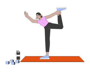 Poster - Flexible indian woman doing yoga 2D linear cartoon character. South asian lady exercising on mat isolated line vector person white background. Healthy activity color flat spot illustration