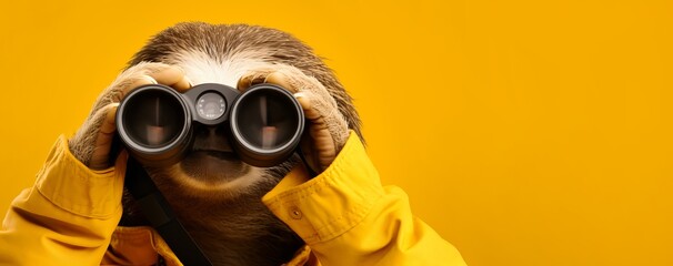 Wall Mural - A cheerful sloth looks through binoculars on an orange background. Banner, copyspace	