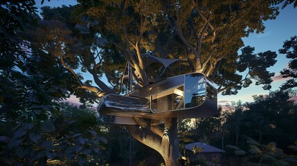 Canvas Print - Futuristic treehouse with metallic finish, integrated into giant bioluminescent tree, wide-angle shot, evening light.