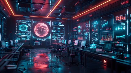 Poster - futuristic cyber lab with holographic displays and advanced tech equipment