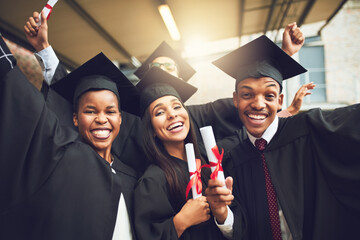 Poster - Graduation, friends and celebration portrait with study, university and school event with degree. Award ceremony, student and happy people with graduate and college group with diploma and smile