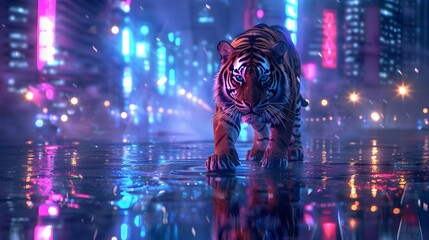 Poster - cybernetic tiger prowling through neon lit urban landscape with reflected city lights
