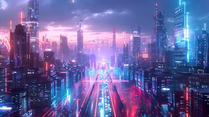 Poster - futuristic metropolis with neon lit amusement park attractions and holographic displays