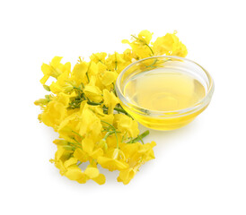 Wall Mural - Rapeseed oil in glass bowl and beautiful yellow flowers isolated on white