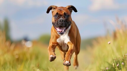 Canvas Print - Happy Boxer Dog Running Through a Field