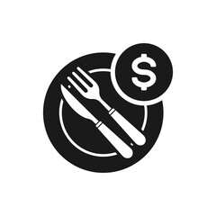 Food price. Knife and fork on plate with money icon flat style isolated on white background. Vector illustration