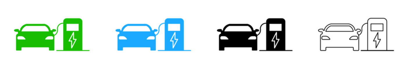 Electric car icon set. Charging station for electric cars. Automatic battery charger. An electric car stands near a charging station icon