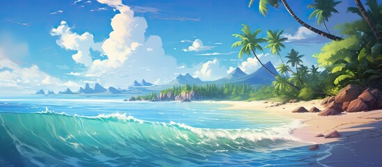 Wall Mural - Tropical beach with sandy shore clear ocean palm trees and a sunny sky ideal for a vacation. Copy space image. Place for adding text and design