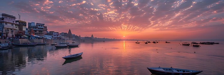 small boats of various colors float on calm waters under an orange sky, with a building in the background