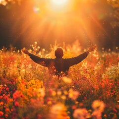 Wall Mural - Person Stretching Arms Wide in Sunlit Meadow Embracing New Day with Energy and Optimism