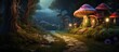 © Ilgun - Enchanting forest path with whimsical elements like wild animals a tiny mushroom house and mist creating a fairy tale ambiance suitable as a background copy space image
