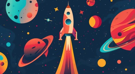 a colorful space scene drawing with a rocket flying through it. the rocket is the main focus of the 