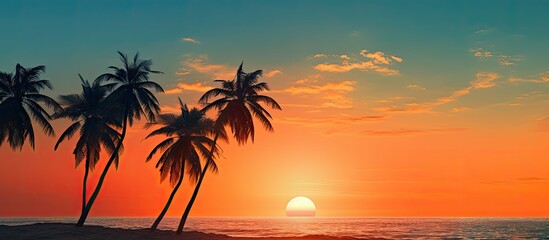 Poster - Sunset beach scene with coconut palm tree silhouettes in vintage style providing a tranquil backdrop for your copy space image