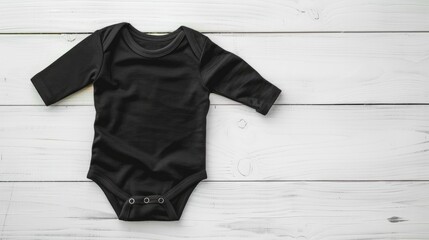 Wall Mural - Long sleeve black baby bodysuit on white wood background top view with space for text