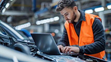 Poster - A man in an orange safety vest is working on a car engine